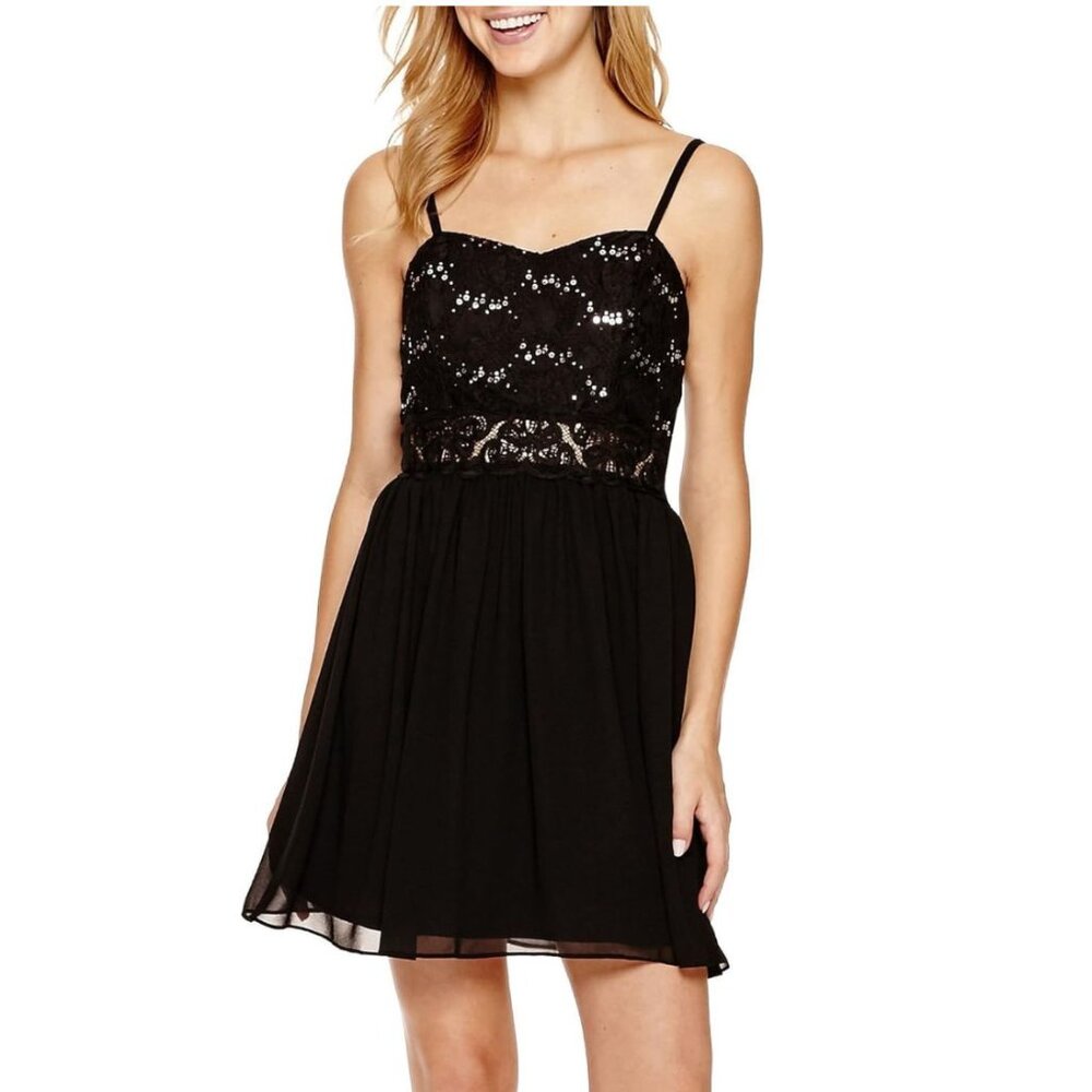 Macy's BCX Black Sparkly Sequins Formal Mini Dress with Sweetheart Neckline